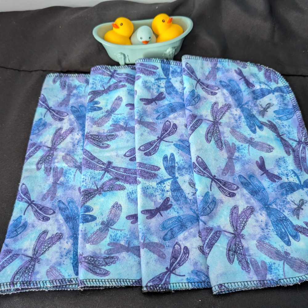 Set Of 4 Hand Crafted 100% Cotton Blue and Purple Dragonfly Wash Cloths